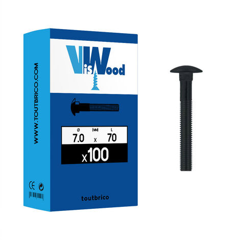 Lot de 100 vis TRCC 7 X 70mm zingué noir – Tête ronde collet carré N°12 – Filetage partiel pour fixation acier – Norme DIN 603/555 – Viswood