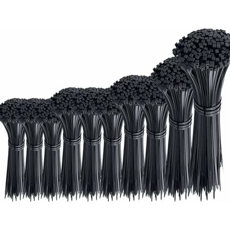 LONGZIMING Lot de 1000 attaches de câble noires attaches de câble en plastique lourd attaches de câble en nylon Rilsan assortiment d'attaches à glissière 100/150/200/250/300 mm longueur 3/4 mm largeur