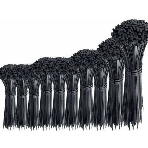 Lot de 1000 attaches de câble noires en nylon Rilsan –Assortiment 100/150/200/250/300 mm –3/4 mm largeur pour gestion câbles