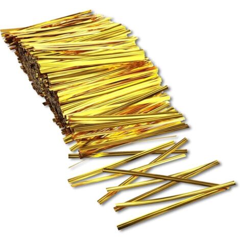 Lot de 1000 attaches torsadées métalliques pour sachets - Clips de fermeture dorés - Bandes de fermeture - Pour boulangerie, sacs à bonbons, biscuits, chocolat (doré, 3,9 pouces)
