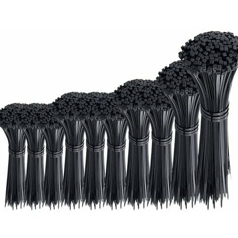 Lot de 1000 Pièces Serre Câble Noir Plastique Lourd Collier de Serrage Rilsan Nylon Attaches Cable Zip Ties Assortiment 100/150/200/250/300mm de Long, 2,5/3,6mm de Large-longziming