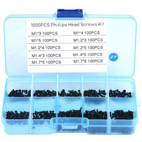 Lot de 1000 vis auto-taraudeuses à tête plate M1 M1.2 M1.4 M1.7 en acier inoxydable Vis autotaraudeuses Noir