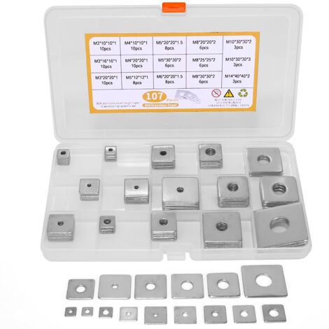 Lot de 107 rondelles carrées M3 M4 M5 M6 M8 M10 M14 en acier inoxydable avec trou rond Rondelles carrées pour boulons et tiges filetées