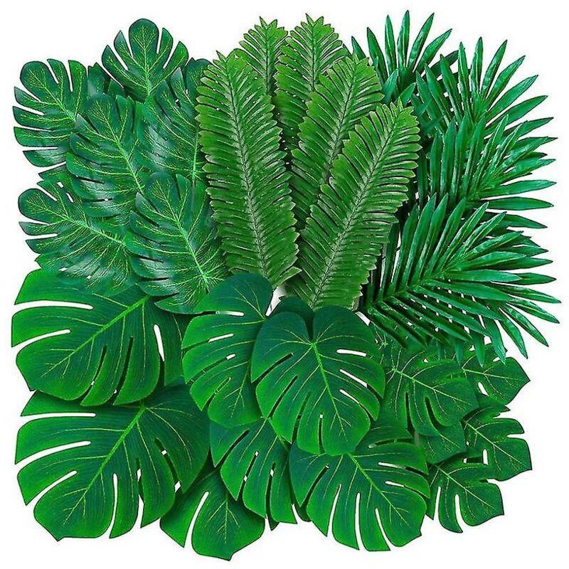 Fei Yu - Lot de 108 feuilles de palmier artificielles tropicales Monstera - 6 types de feuilles de palmier vertes artificielles avec tiges pour