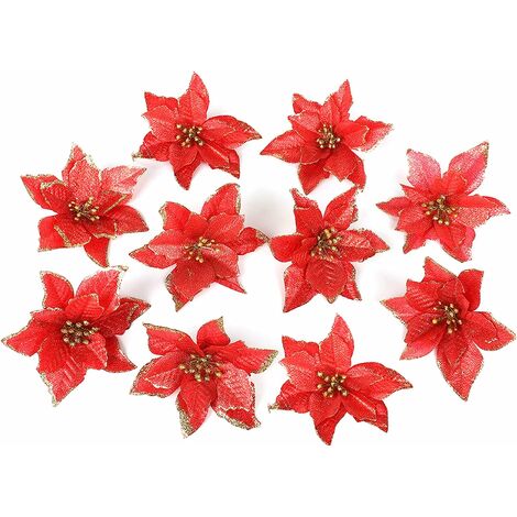 Lot de 10 décorations de sapin de Noël/mariage 13 cm à Paillettes Fleurs colorées avec revêtement floconneux, Soie, Red, 10*13cm