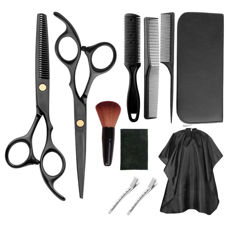 Lot de 11 accessoires de coupe/rotation, inox, ciseaux, cape, peigne, noir