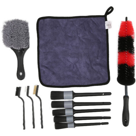 Lot de 11 Brosses de Nettoyage Auto avec Chiffon pour Jantes, Pneus et Intérieur