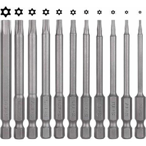COAVAS Lot de 11 embout pour visseuse Torx - 75 mm - En acier S2 - Magnétique - 6 pans - T6 T7 T8 T9 T10 T15 T20 T25 T27 T30 T40 - Embouts Torx visseuse a choc pour long visseuse en T
