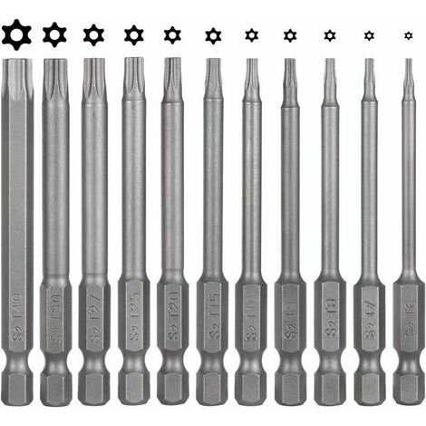 Lot de 11 embouts de tournevis Torx - 75 mm - En acier S2 - Magnétique - 6 pans - T6 T7 T8 T9 T10 T15 T20 T25 T27 T30 T40 - Embouts Torx électriques pour vis profilées en T