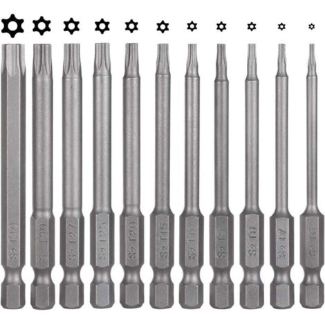 Lot de 11 embouts de tournevis Torx - 75 mm - En acier S2 - Magnétique - 6 pans - T6 T7 T8 T9 T10 T15 T20 T25 T27 T30 T40 - Embouts Torx électriques pour vis profilées en T
