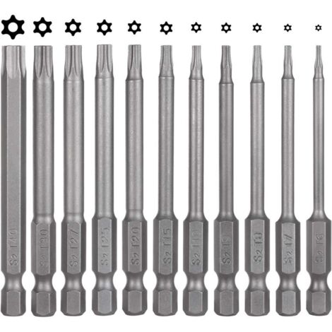 Lot de 11 embouts de tournevis Torx - 75 mm - En acier S2 - Magnétique - 6 pans - T6 T7 T8 T9 T10 T15 T20 T25 T27 T30 T40 - Embouts Torx électriques pour vis profilées en T