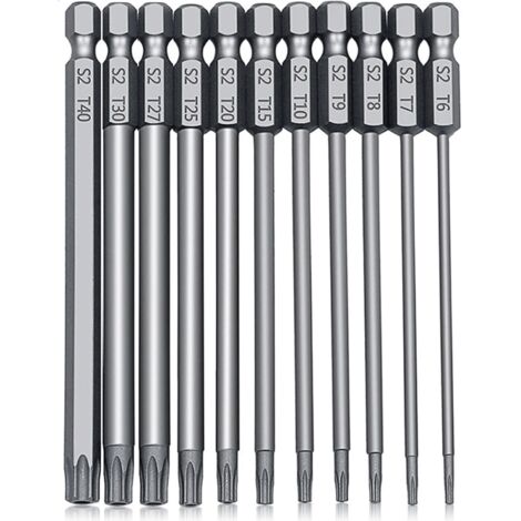 Lot de 11 embouts de tournevis Torx de 100 mm – Embouts de sécurité magnétiques en forme d'étoile T6-T40 avec tige hexagonale de 6,35 mm en acier S2 pour visseuses à percussion, outils électriques
