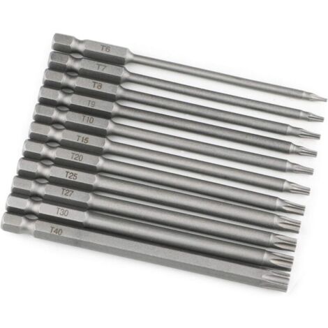 Lot de 11 embouts Torx extra longs (100 mm) et magnétiques T8-T40 1/4" - Tige hexagonale - Tournevis électrique