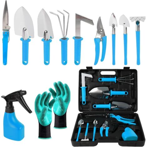 Lot de 11 outils de jardinage avec sac de transport, pour creuser, planter, couper, avec gants, pour femmes et hommes, bleu