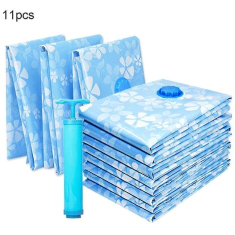 Lot de 11 sacs de rangement sous vide réutilisables avec pompe manuelle pour vêtements compressés et oreillers – Bleu