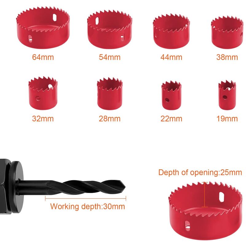 Lot de 11 scies cloches en acier au carbone pour bois, plaque de plâtre, panneaux de densité et métaux non ferreux 19-64 mm