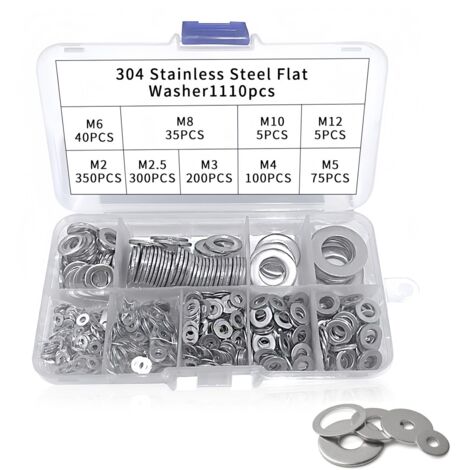 Lot de 1110 rondelles plates en acier inoxydable 304 avec boîte en métal pour vis et boulons (M2 M2,5 M3 M4 M5 M6 M8 M10 M12)