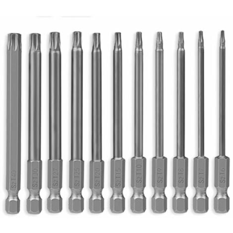 Lot de 11pcs Bits Tournevis Embouts de Tournevis Magnétique Torx Creux T6-T40 de Tige Hexagonale 1/4" à Tête de Sécurité Inviolable 75mm Bit Set Tournevis Électriques Hex Tige en Acier,
