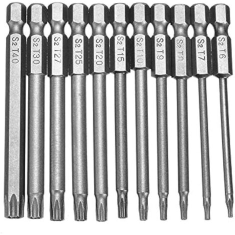 Lot de 11pcs Bits Tournevis Embouts de Tournevis Magnétique Torx Creux T6-T40 de Tige Hexagonale 1/4" à Tête Torx de Sécurité Inviolable 75mm Bit Set Tournevis Électriques Hex Tige en Acier