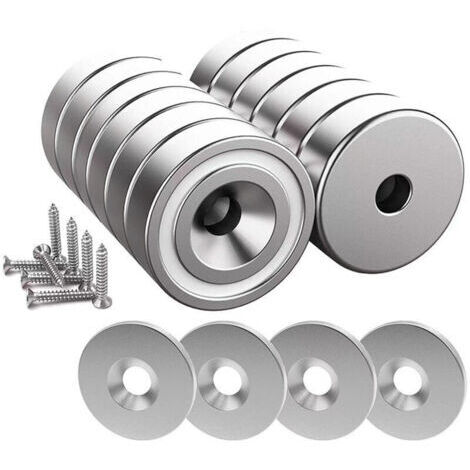 Lot de 12 aimants en néodyme 10 kg – Dimensions 20 x 7 mm avec trou et capsule – 12 coussins en acier inclus – Vis M4 fournies