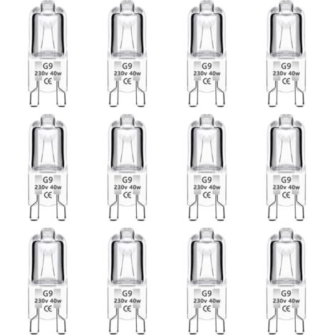 Lot de 12 Ampoule Halogène G9 40W 230V Dimmable 0-100%, 480LM, Blanc Chaud 2700K, G9 Bi-Pin Base Halogène Lampe, Sans Scintillement, pour Four, Lustres, Lampes de Paysage, Éclairage d'armoire