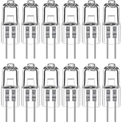 Lot de 12 ampoules halogènes G4 20 W 12 V, ampoules G4 20 W 12 V à capsule transparente à 2 broches, à intensité variable, blanc chaud 2700 K, pour lustres, éclairage intérieur, éclairage de cuisine
