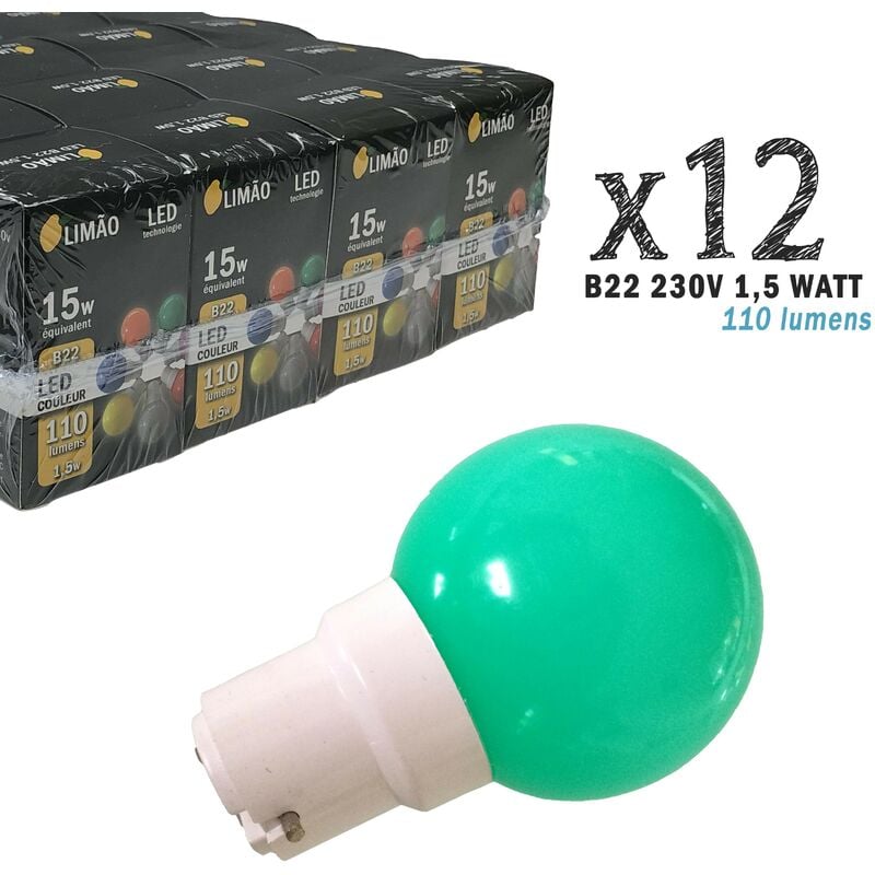 Lot de 12 ampoules led B22 1,5W Vertes Incassables (équivalence 15W) pour Guirlande Extérieure Limão vert - non-dimmable