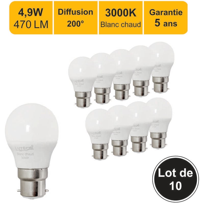 Lutece-arc - jamais utilisé] Lot de 10 ampoules led B22 4,9W 470Lm 3000K - garantie 5 ans