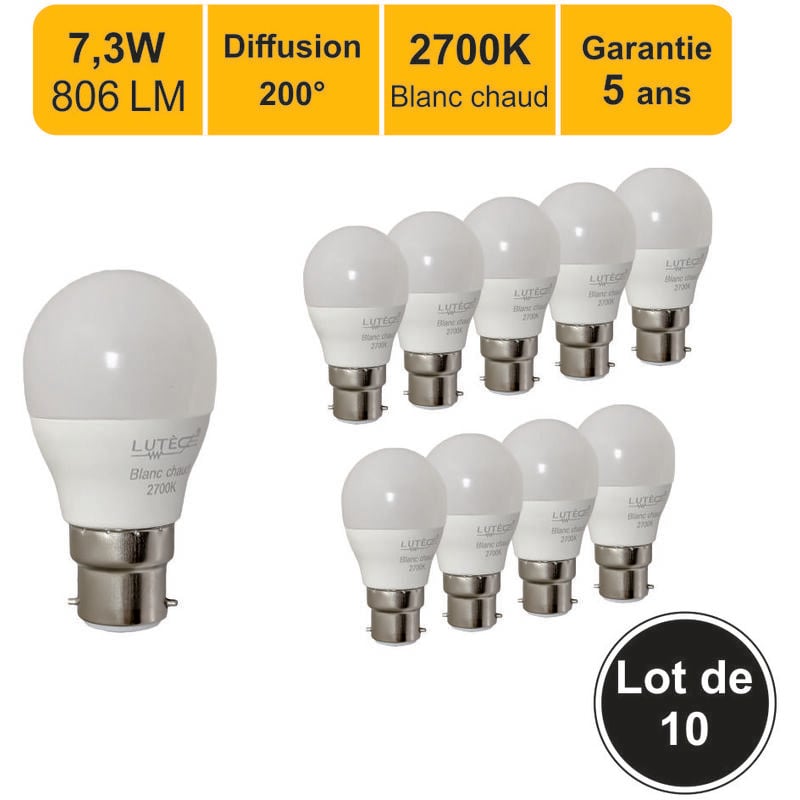 Lutece-arc - Lot de 10 ampoules led B22 7,3W 806Lm 3000K - garantie 5 ans