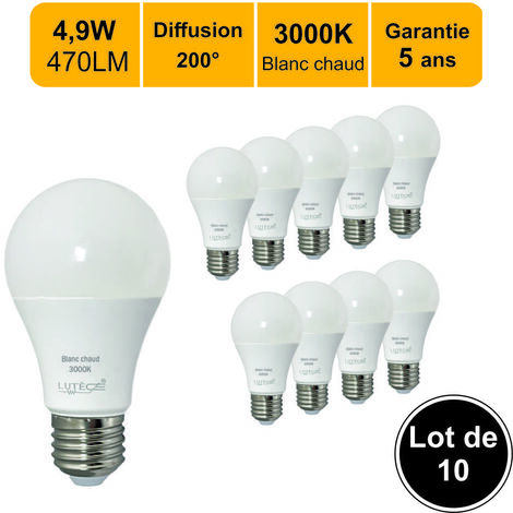 Lot de 12 ampoules LED E27 6W 470Lm 3000K - garantie 5 ans