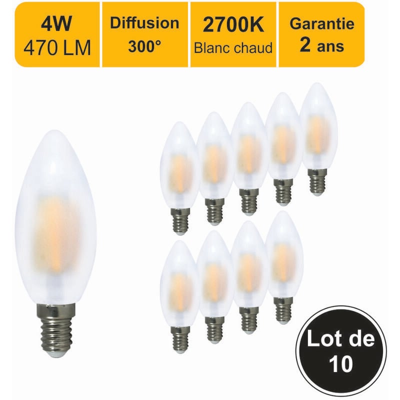 Lot de 10 ampoules LED filament E14 4W 470Lm 2700K - garantie 2 ans