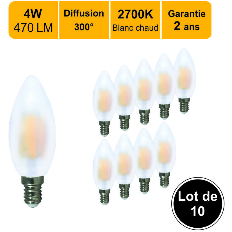 Lot de 10 ampoules led filament E14 4W 470Lm 2700K - garantie 2 ans