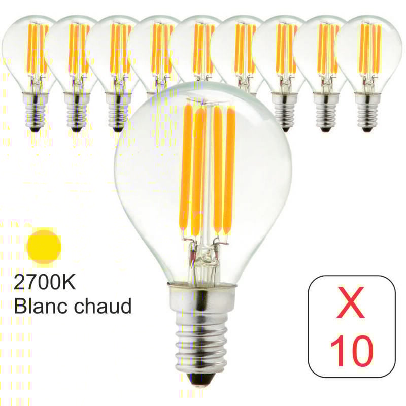Lot de 10 ampoules LED filament E14 sphérique 4W 470Lm 2700K - garantie 2 ans