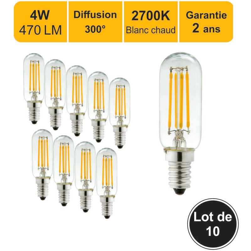 Lot de 10 ampoules led filament E14 4W) 470Lm 2700K - garantie 2 ans