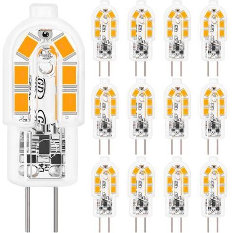Lot de 12 ampoules LED G4, blanc chaud 3000K 200LM, alimentation 12V AC/DC, idéales pour les chambres, salons, cuisines et jardins.