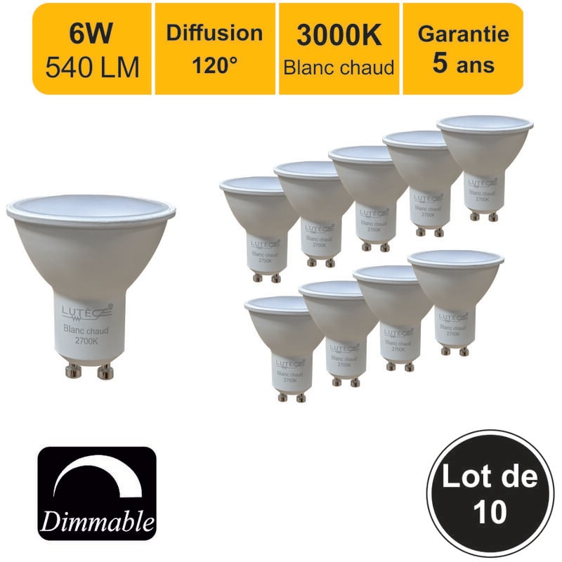 Lutece-arc - Lot de 10 ampoules led Dimmable GU10 6W 540Lm 3000K - garantie 5 ans