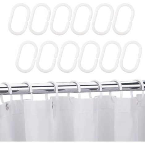 Lot de 12 Anneaux de Rideau de Douche en Plastique Robuste, Forme C, Blanc, Pour Salle de Bain, Hôtel