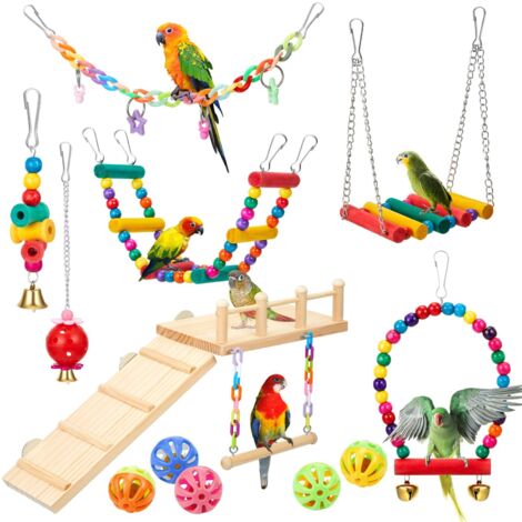 Lot de 12 balançoires pour perroquet et perchoirs en bois avec échelle d'escalade colorée à mâcher à suspendre pour perruche, perruche, calopsitte, conure, oiseaux amoureux
