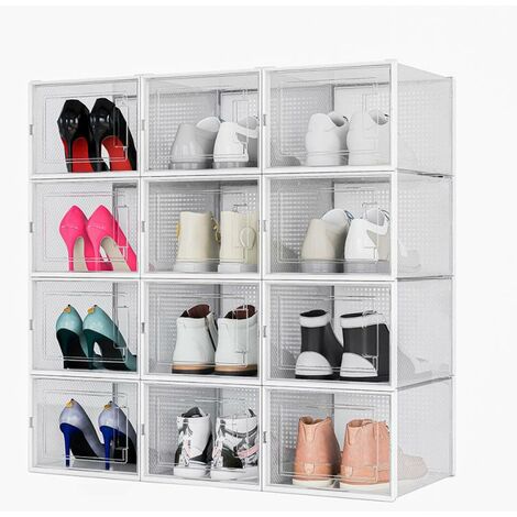 Lot de 12 Boîtes à Chaussures/Rangement Transparentes Empilables en Plastique avec porte et aération 36x28x21cm