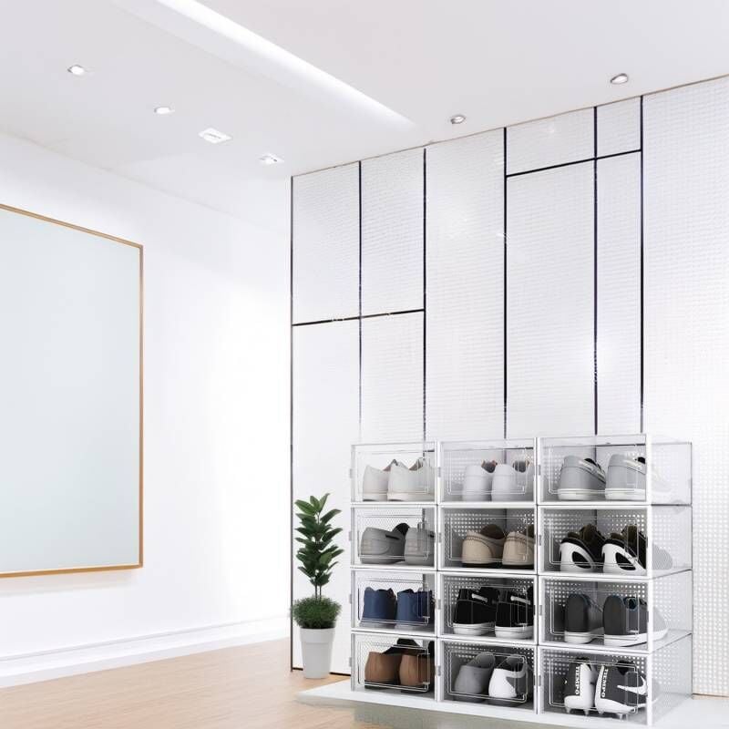 Secury-t - Lot de 12 Boîtes à Chaussures/Rangement Empilables transparentes/blanches en Plastique avec porte et aération 33.4x23x14cm