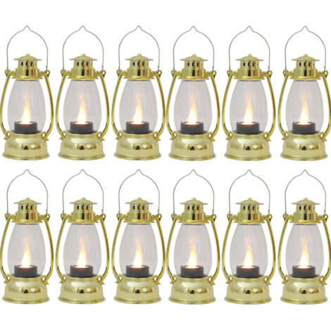 Lot de 12 bougeoirs vintage à suspendre pour décoration de fête d'Halloween, mini-lanterne, bougies LED, plaqué or
