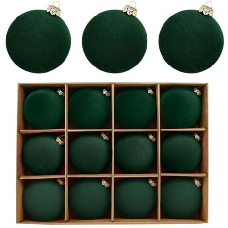 Lot de 12 boules de Noël en velours incassables, décorations pour sapin, flocage, boules suspendues de 6 cm, ornements (vert)