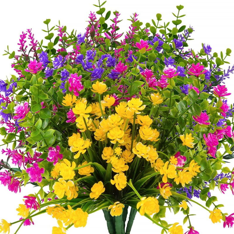 Lot de 12 bouquets de fleurs artificielles d'extérieur, résistantes aux uv, ne se décolorent pas, arbustes en plastique synthétique pour jardin,