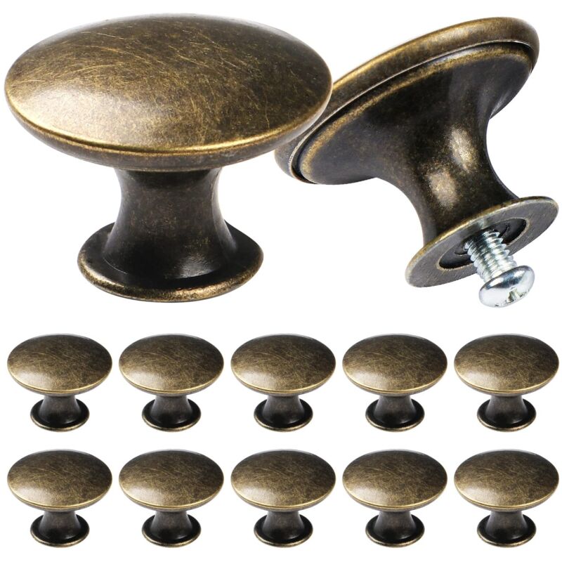 Lot de 12 boutons d'armoire vintage chic - Poignées de placard de cuisine de style antique - Rond - 30 mm - Bronze