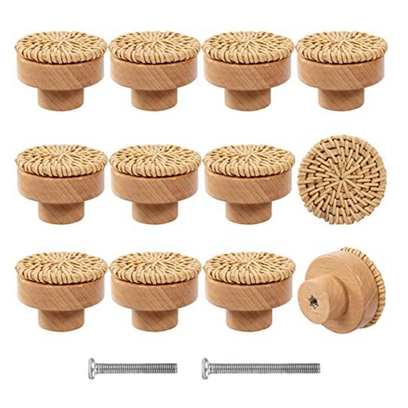 Lot de 12 Boutons de Commode en Rotin Boho - Boutons de Tiroir en Bois de HêTre Durable TisséS à la Main en Osier avec 24 Vis pour Armoires