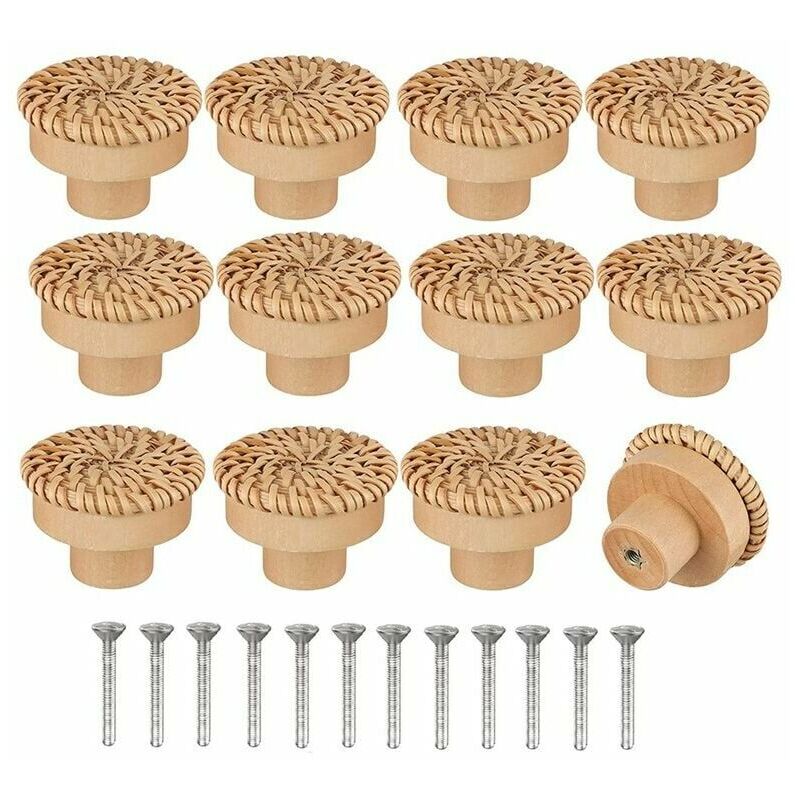 Lot de 12 Boutons de Commode en Rotin de Style Bohème - Faits à la Main - Inclus Vis - Convient pour Meubles en Bois, Tiroirs, Armoires