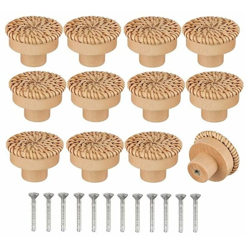 Dpzo - Lot de 12 Boutons de Commode en Rotin de Style Bohème - Faits à la Main - Inclus Vis - Convient pour Meubles en Bois, Tiroirs, Armoires