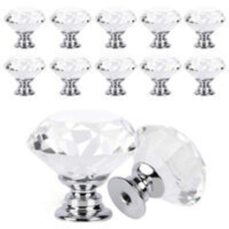 Lot de 12 boutons de meuble, poignées de tiroir et poignées de porte en cristal transparent argenté.