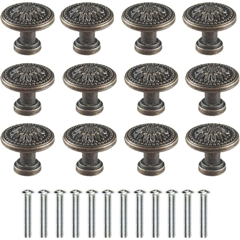 Lot de 12 boutons de tiroir ronds rétro en alliage de zinc, antirouille, style vintage, pour toutes les armoires