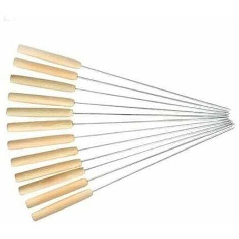 Lot de 12 Brochettes de Barbecue en Acier Inoxydable Aiguille en Métal Réutilisable Poignée en Bois Griller pour Viande Légumes(30 cm)-LIAIKI